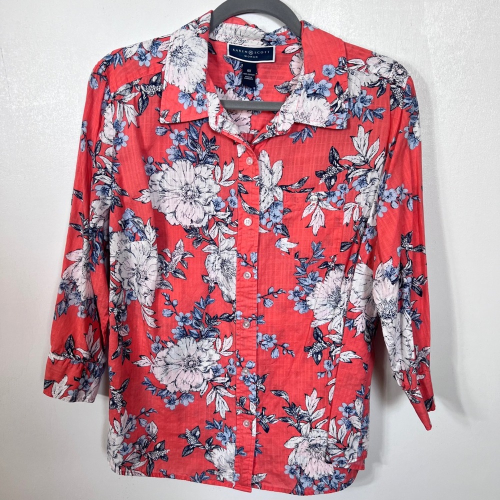 Karen Scott Woman 0X Coral Floral 100% Cotton Button Down 3/4 Sleeve Blouse